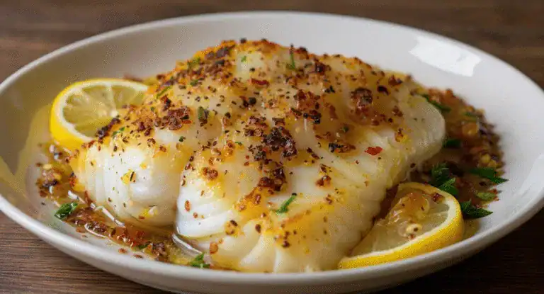 Creamy haddock fillet with lemon, garlic, and herb sauce, garnished with lemon slices and fresh herbs, served on a white plate for a delicious seafood dish.