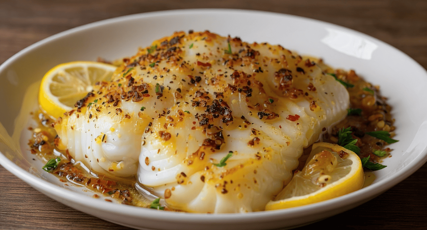 Creamy haddock fillet with lemon, garlic, and herb sauce, garnished with lemon slices and fresh herbs, served on a white plate for a delicious seafood dish.