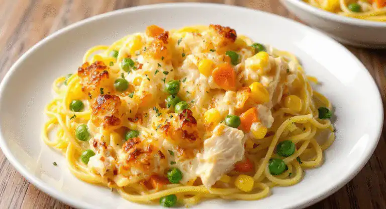 Creamy chicken and vegetable Alfredo pasta dish with peas, corn, and grilled chicken, served on a white plate for a delicious and satisfying meal.