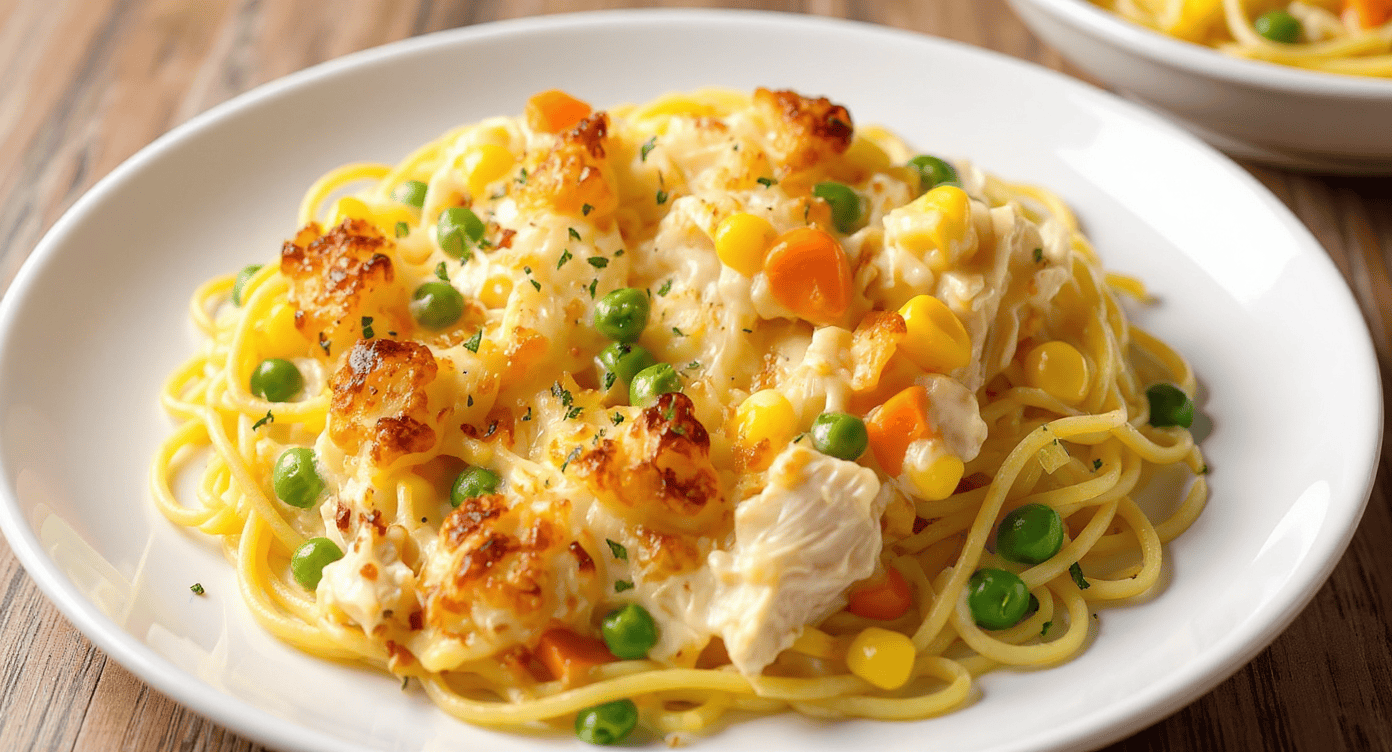 Creamy chicken and vegetable Alfredo pasta dish with peas, corn, and grilled chicken, served on a white plate for a delicious and satisfying meal.