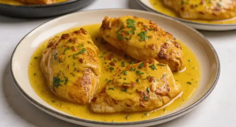 Succulent chicken thighs cooked in a rich, flavorful yellow curry sauce garnished with fresh herbs, served on a white ceramic plate for a delicious and comforting meal.