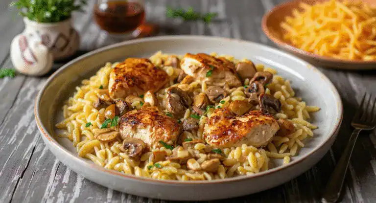 Juicy chicken thighs with mushroom sauce served over creamy pasta, delicious Italian-inspired dish with fresh herbs, perfect for dinner.