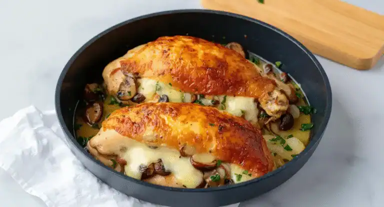 Juicy baked chicken thighs topped with melted cheese, sautéed mushrooms, and fresh herbs in a black skillet, perfect for a flavorful home-cooked meal.
