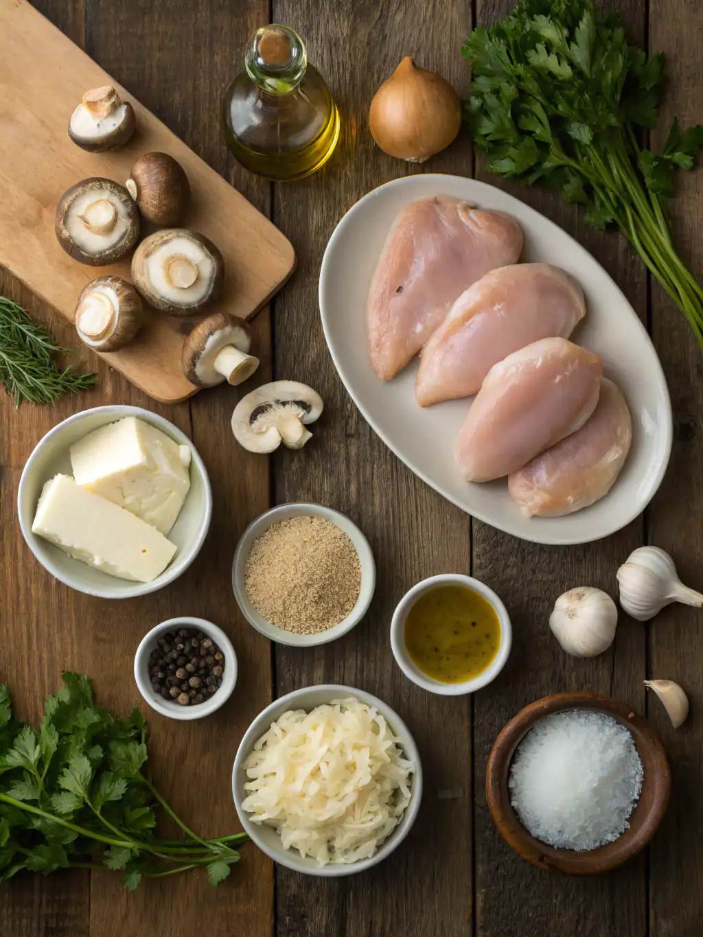 Succulent raw chicken breasts with fresh herbs, mushrooms, garlic, and cheese ingredients arranged on a rustic wooden surface, perfect for savory recipes.