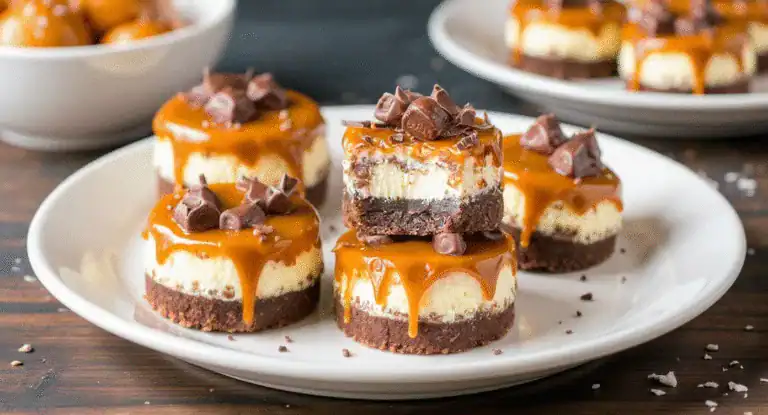 Cream cheese and caramel dessert bars with chocolate topping on a white plate | Delicious no-bake caramel cheesecake treats with chocolate embellishments, perfect for dessert lovers seeking easy, mouthwatering recipes | A platter of luscious caramel cheesecake bars with chocolate shavings, showcasing a creamy layered dessert with a rich chocolate topping on a rustic wooden table, ideal for dessert recipe inspiration.