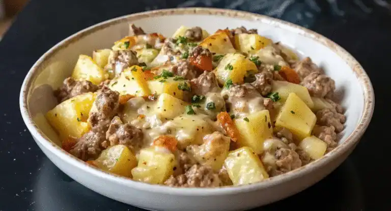 Savory beef and potato casserole topped with melted cheese, garnished with chopped chives in a rustic bowl, perfect for hearty homemade comfort food.