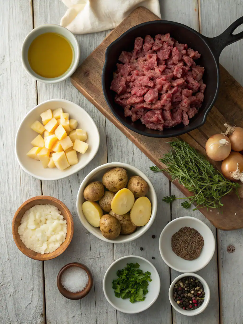 Minced beef in a cast iron skillet with potatoes, onions, garlic, herbs, and spices on a rustic wooden surface for hearty recipe preparation.