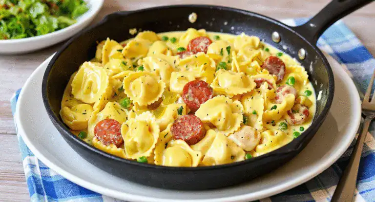Creamy sausage and tortellini pasta dish served in a black skillet, garnished with peas and herbs, perfect for quick and delicious homemade meals.