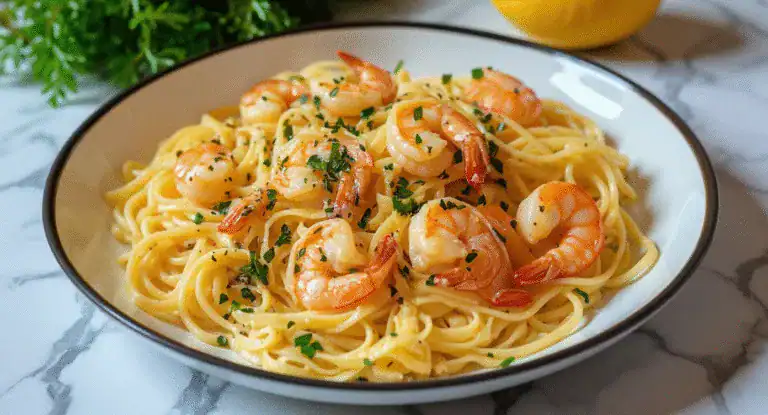 Savory shrimp pasta dish served in a white bowl with parsley garnish, featuring tender shrimp, linguine noodles, and a light, flavorful sauce, perfect for seafood lovers and pasta enthusiasts.