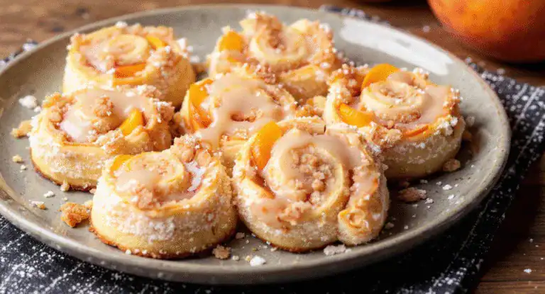 Sweet apple cinnamon rolls with icing and crumbles on a rustic plate, perfect for breakfast or dessert. Delicious homemade recipes to enjoy a cozy morning.