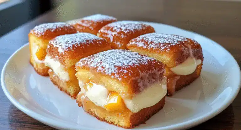 Fluffy banana cream-filled sponge cakes with custard and powdered sugar on a white plate, perfect for dessert or snacks.