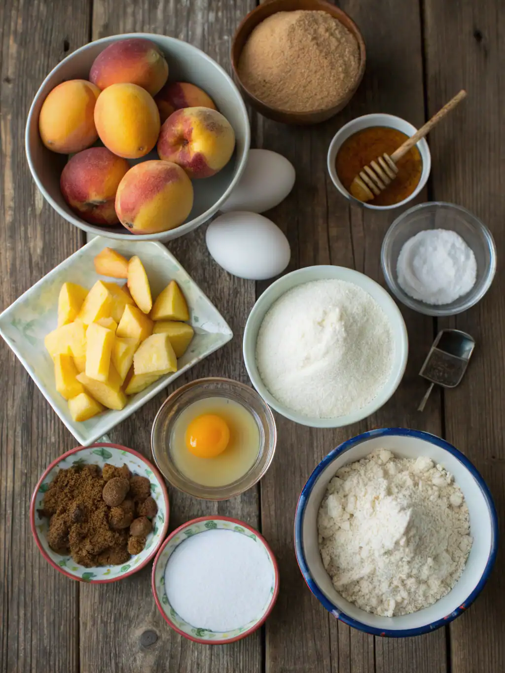 Fresh peaches, eggs, flour, sugar, and baking ingredients for a delicious homemade peach cobbler. All ingredients are arranged on a rustic wooden table, ready for baking.