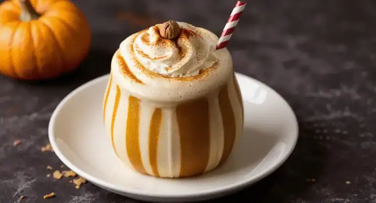 Creamy pumpkin spice latte in a decorative pumpkin-shaped mug topped with whipped cream, cinnamon, and a nut, perfect for fall cozy drinks.