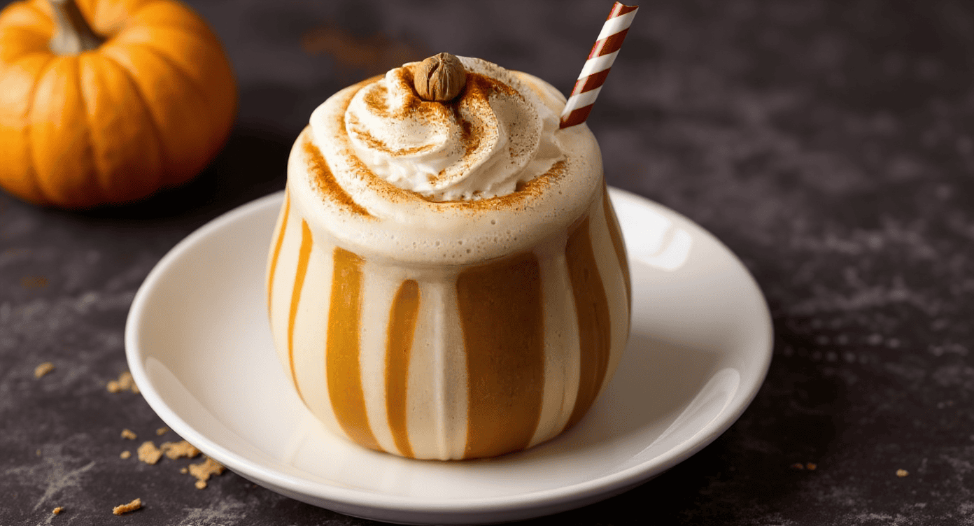 Creamy pumpkin spice latte in a decorative pumpkin-shaped mug topped with whipped cream, cinnamon, and a nut, perfect for fall cozy drinks.
