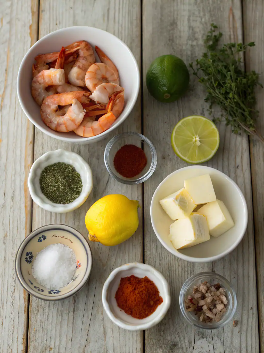 Juicy shrimp in a white bowl with fresh lime, lemon, herbs, and spices on a rustic wooden table; perfect ingredients for delicious seafood dishes.