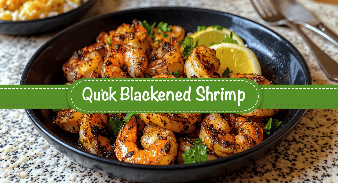 Succulent blackened shrimp served with lemon and fresh herbs in a black bowl with text overlay.