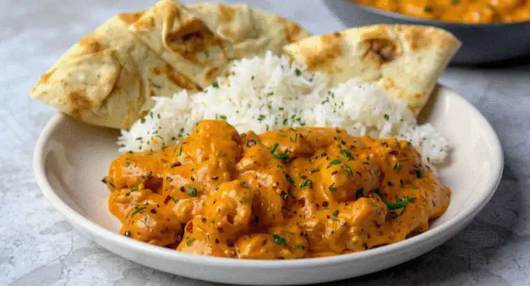 Creamy chicken curry with rice and naan bread on a white plate, delicious Indian-inspired dish served with herbs and spices for flavor. Perfect for flavorful home-cooked meals.