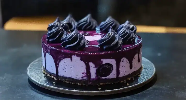 Rich blueberry cheesecake with blueberry sauce and dark whipped cream topping on a dark surface. Perfect for dessert lovers and special occasions.