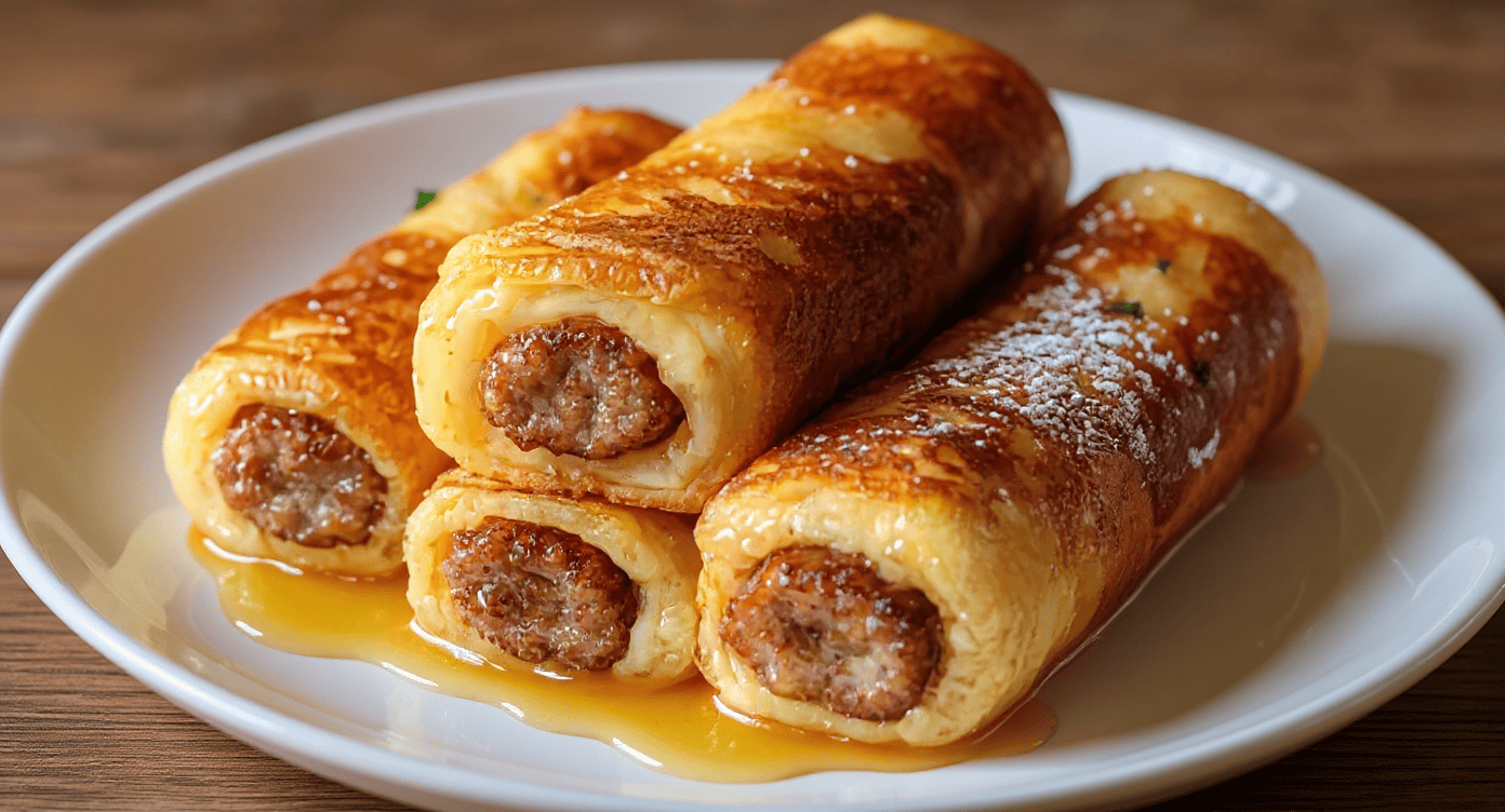 Golden brown sausage and cheese breakfast rolled omelette on white plate, crispy outside, savory filling, drenched in honey syrup, delicious breakfast or brunch option.