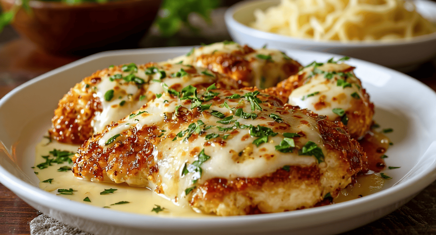 Golden baked chicken parmesan with melted cheese and fresh herbs on a white plate. Perfect comfort food served with a side of pasta for a delicious Italian-inspired meal.