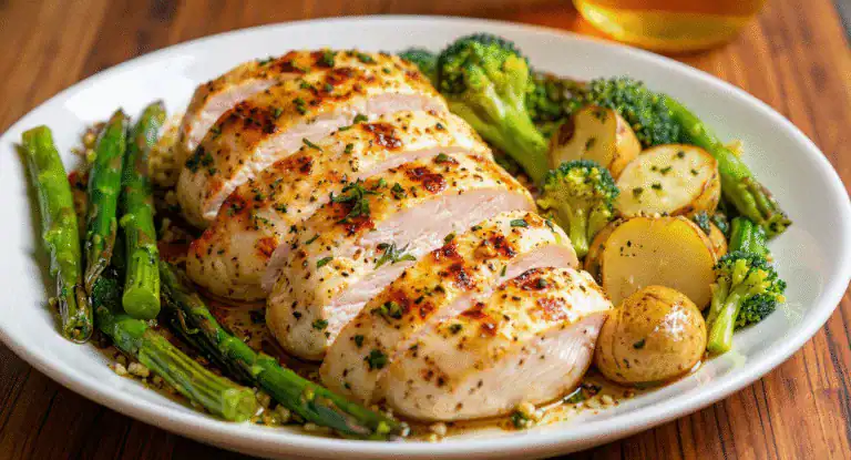 Juicy herb-seasoned chicken breast with roasted potatoes and green vegetables on a white plate, perfect for healthy dinners and meal planning.