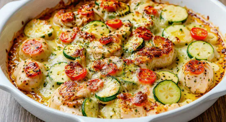 Juicy baked chicken casserole with fresh zucchini and cherry tomatoes in a creamy, cheesy sauce, garnished with herbs, perfect for a healthy and delicious family meal.