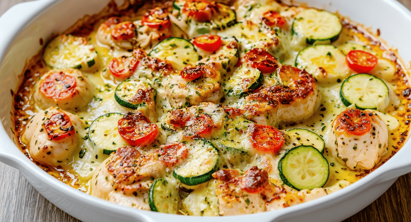 Juicy baked chicken casserole with fresh zucchini and cherry tomatoes in a creamy, cheesy sauce, garnished with herbs, perfect for a healthy and delicious family meal.