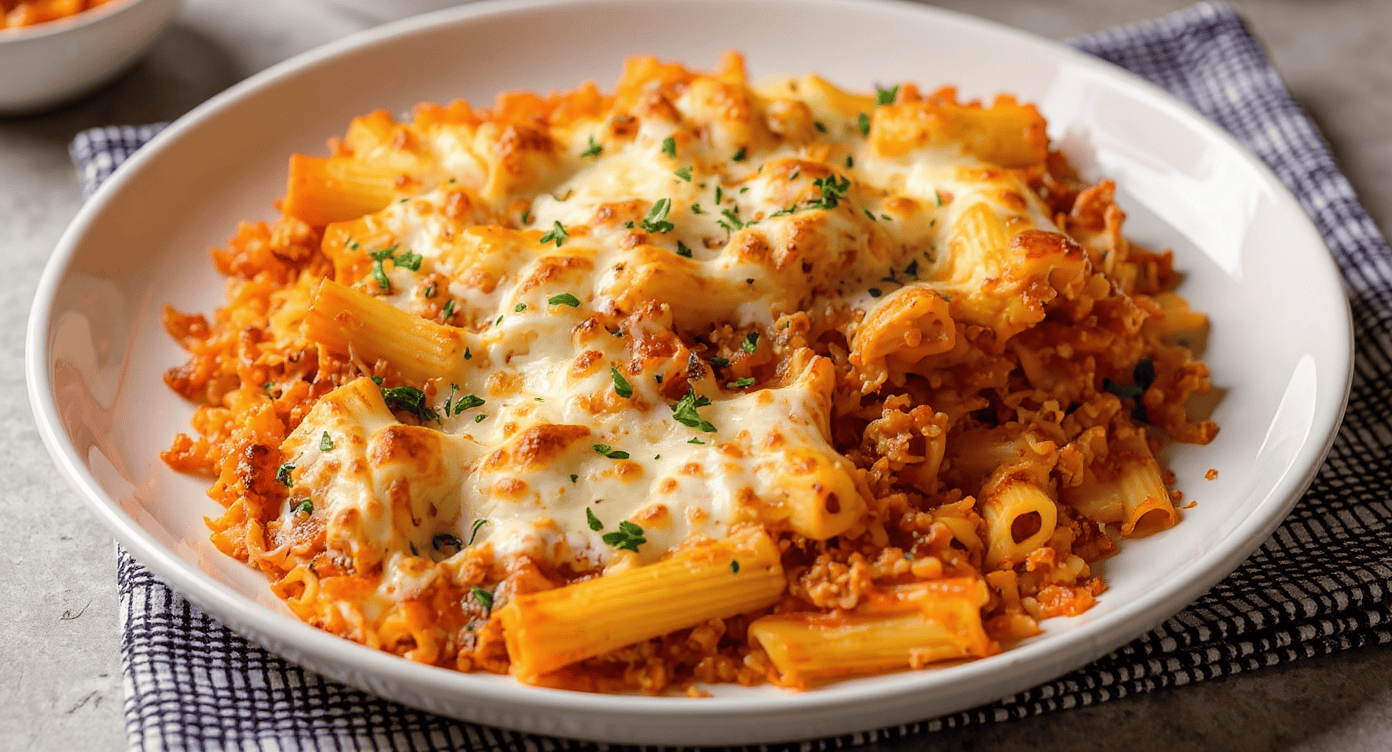 Creamy baked pasta with melted cheese, tomato sauce, and seasoned ground meat, garnished with fresh herbs on a white plate. Perfect comfort food recipe for dinner or lunch.