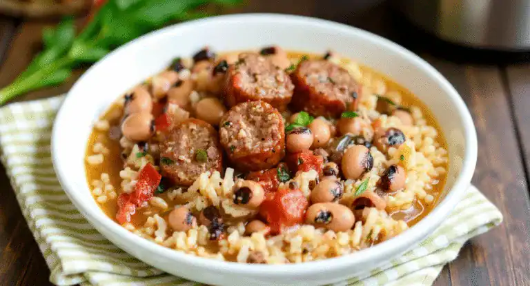 Spicy sausage and bean rice casserole in a white bowl, garnished with fresh herbs, served on a rustic wooden table with a green checkered cloth.