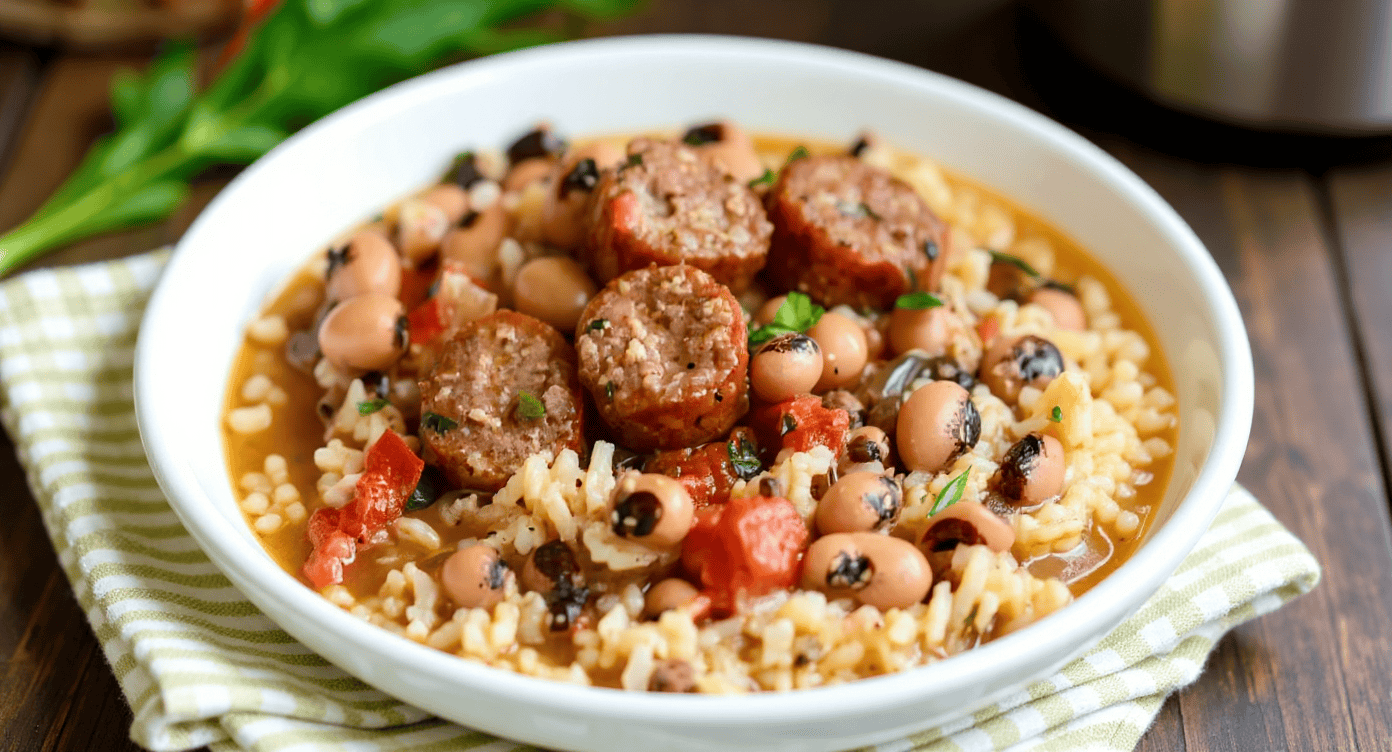 Spicy sausage and bean rice casserole in a white bowl, garnished with fresh herbs, served on a rustic wooden table with a green checkered cloth.