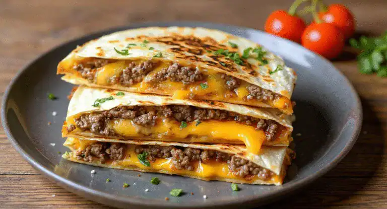 Golden cheesy beef quesadillas with ground beef, melted cheese, and fresh herbs, served on a black plate with cherry tomatoes in the background. Perfect for quick and delicious Mexican-inspired meals.