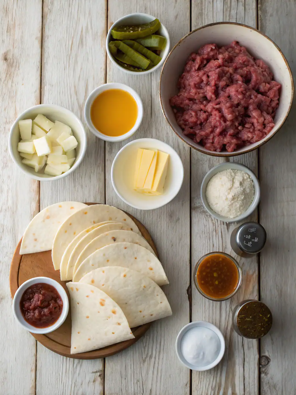 Juicy ground beef with taco ingredients, including tortillas, cheese, sauces, and toppings, arranged on a rustic wooden table for preparing delicious homemade tacos.