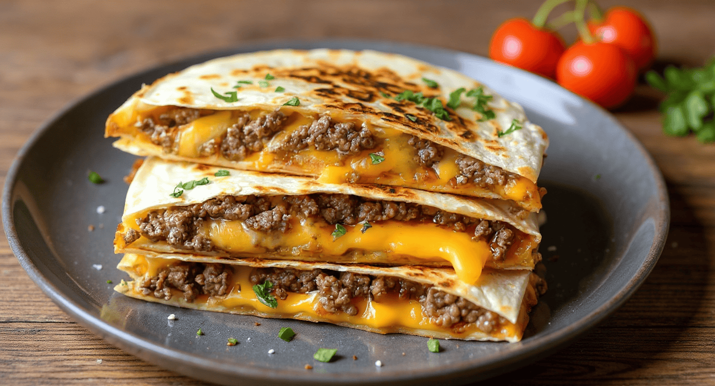 Golden cheesy beef quesadillas with ground beef, melted cheese, and fresh herbs, served on a black plate with cherry tomatoes in the background. Perfect for quick and delicious Mexican-inspired meals.