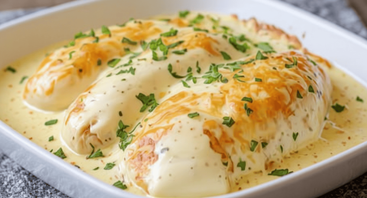 Creamy baked chicken breast with melted cheese and fresh herbs in a white baking dish, perfect for nourishing meals and family dinners.