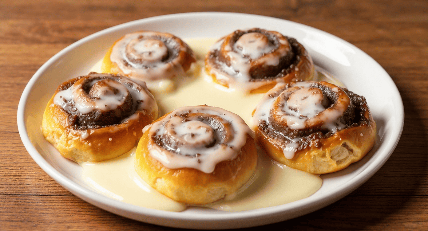 Sweet cinnamon rolls with icing on a white plate, served with creamy milk. Perfect for breakfast or dessert, these warm, homemade cinnamon rolls are a delicious treat.