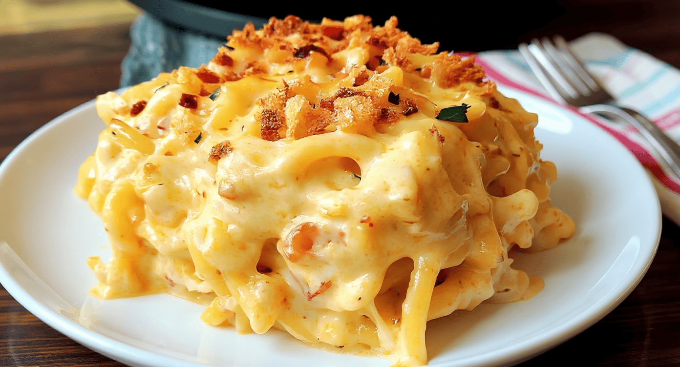 Creamy baked macaroni and cheese topped with crispy breadcrumbs on a white plate, served as a delicious comfort food meal.