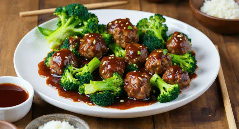Juicy meatballs with broccoli and savory sauce on a white plate, served with soy sauce, rice, and chopsticks, Asian-inspired dish, delicious and colorful, perfect for dinner or lunch.