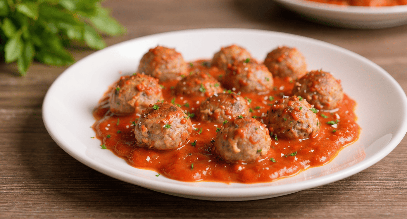 Creamy meatballs served on a bed of rich tomato sauce on a white plate. Delicious and flavorful Italian-style dish perfect for family meals and special occasions.