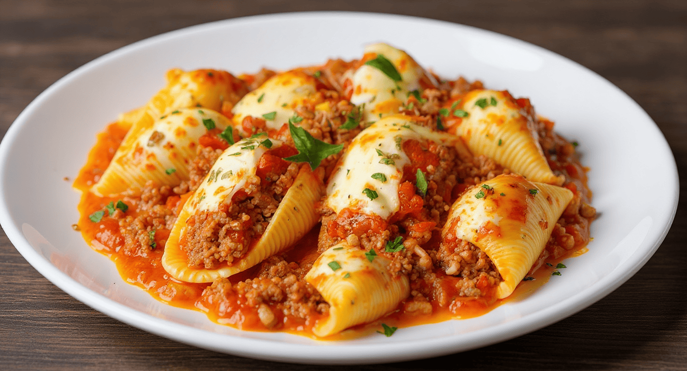 Tender pasta shells stuffed with seasoned ground meat, topped with tomato sauce and fresh herbs, served on a white plate for a delicious traditional Italian meal.