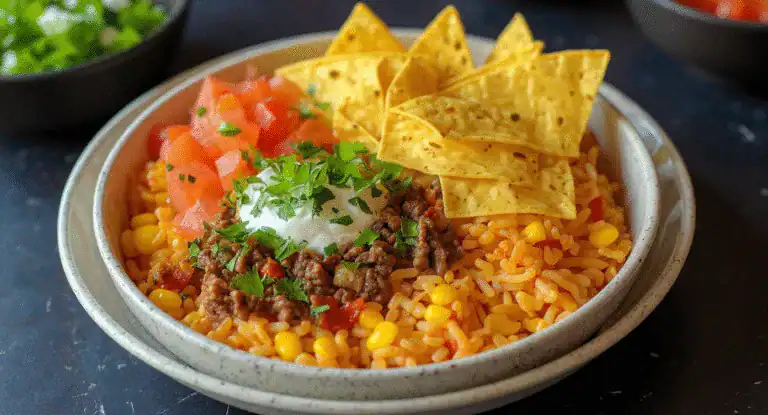 Fresh Mexican taco bowl with seasoned ground beef, shredded cheese, diced tomatoes, sour cream, crispy tortilla chips, and chopped herbs on a rustic dark table.