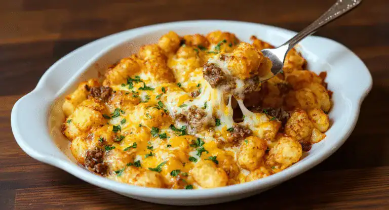 Savory tater tot casserole topped with melted cheddar cheese, ground beef, and fresh chopped herbs in a white baking dish. Perfect comfort food for family dinners or casual gatherings.