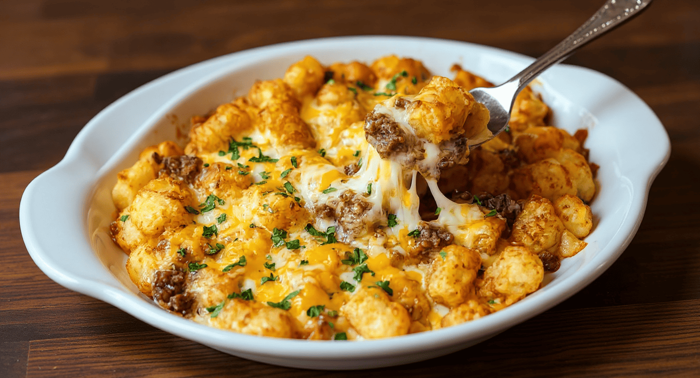 Savory tater tot casserole topped with melted cheddar cheese, ground beef, and fresh chopped herbs in a white baking dish. Perfect comfort food for family dinners or casual gatherings.