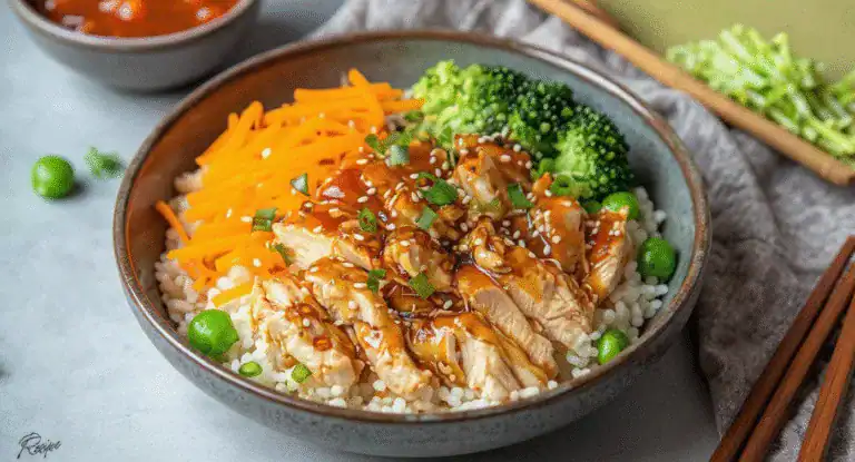 Juicy chicken and fresh vegetables in a flavorful rice bowl with soy sauce and sesame seeds, served with chopsticks for an Asian-inspired Meal. Perfect for quick, healthy eating.