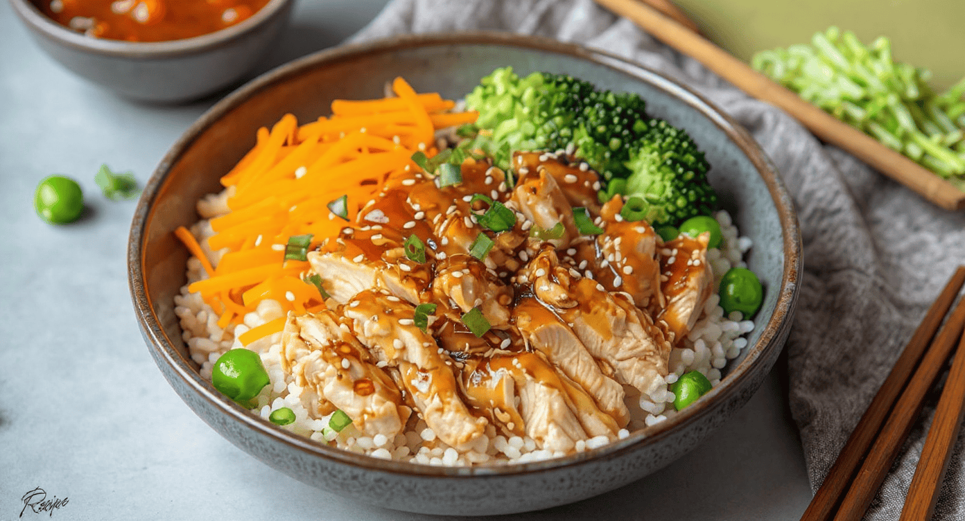Juicy chicken and fresh vegetables in a flavorful rice bowl with soy sauce and sesame seeds, served with chopsticks for an Asian-inspired Meal. Perfect for quick, healthy eating.