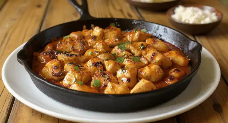 Savory Chicken and Rice Skillet dish served in a cast iron skillet with fresh herbs; perfect for quick, flavorful meals.