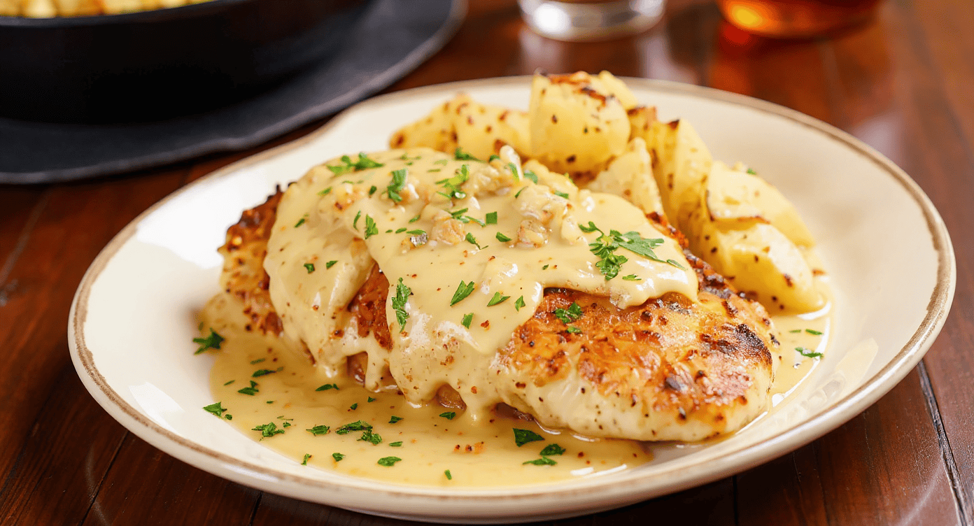Creamy chicken pot pie with mashed potatoes and gravy served on a white plate - classic comfort food dish.