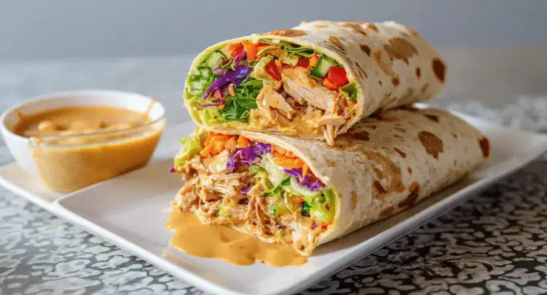 Fresh chicken and vegetable burrito with creamy sauce, served on a white plate with extra sauce on the side, perfect for a delicious meal.
