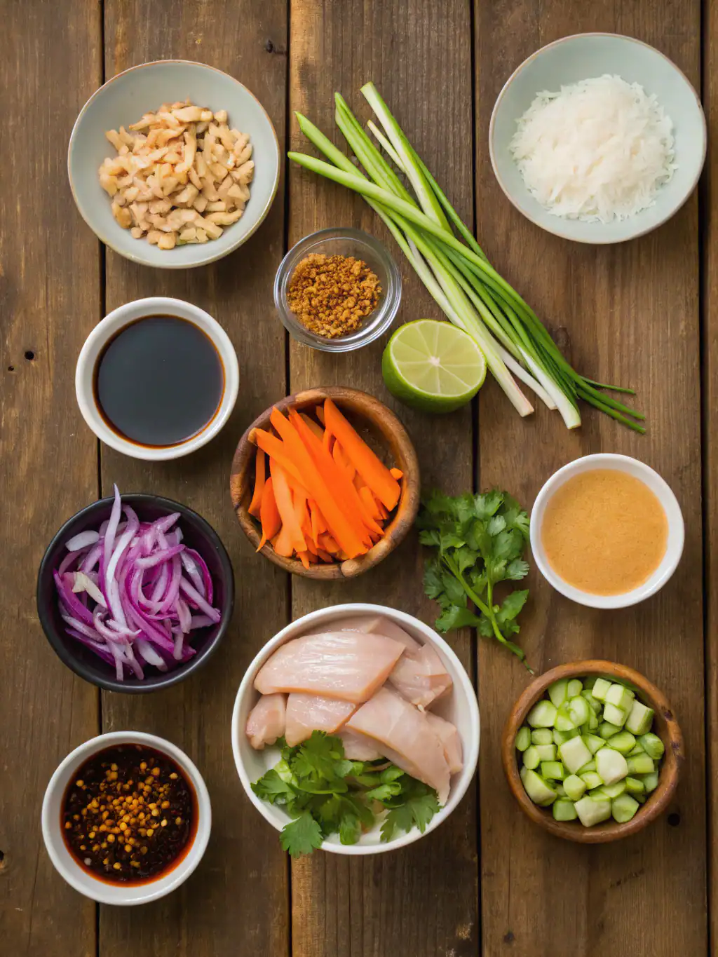 Fresh ingredients for Thai cuisine including chicken, vegetables, lime, and various sauces, all arranged on a rustic wooden surface. Perfect for preparing flavorful Thai recipes.