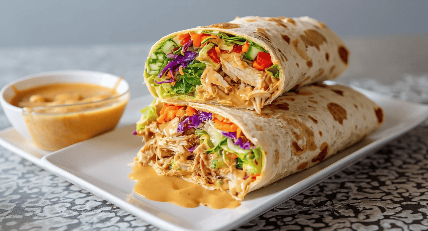 Fresh chicken and vegetable burrito with creamy sauce, served on a white plate with extra sauce on the side, perfect for a delicious meal.