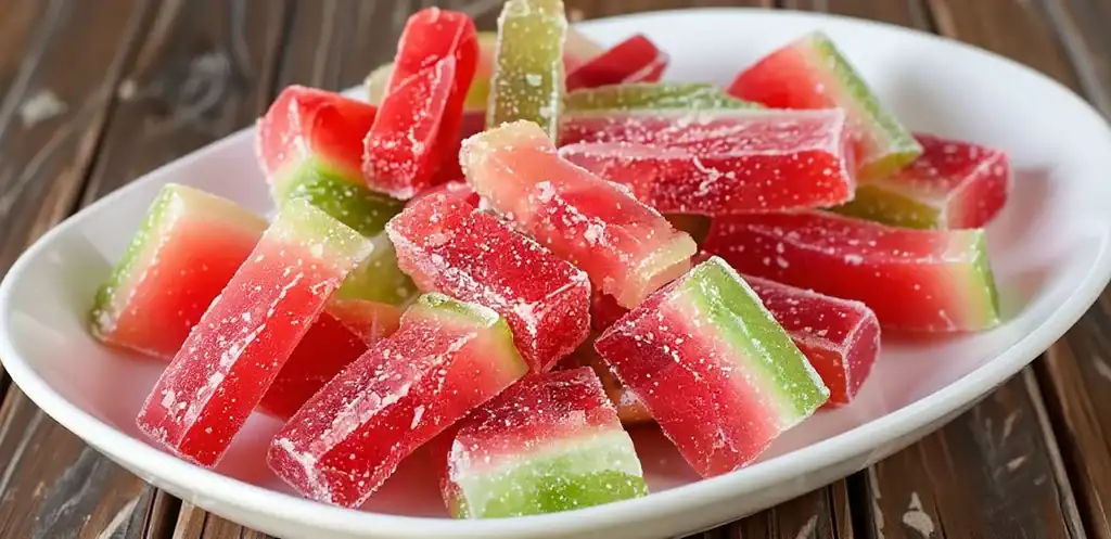 Sweet watermelon and green melon ice candies on a white dish, refreshing summer treat, frozen fruit snack, and colorful dessert for warm weather.